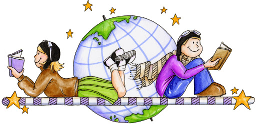 Two girls reading wearing pilot caps by a globe Two girls reading wearing pilot caps by a globe